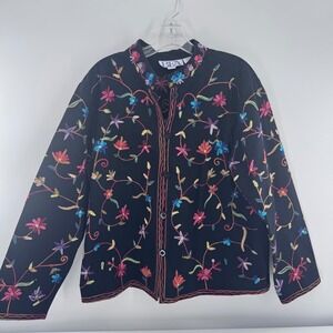 Vintage Floral Embroidered Jacket Womens XL Black Cotton Button Up Boho